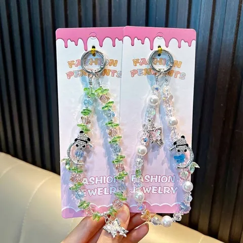 Lanière de Téléphone en Perles de Panda en Cristal Porte-clés Strass Bijoux Faits à la Main Pendentif de Sac pour Femmes Filles Cadeau