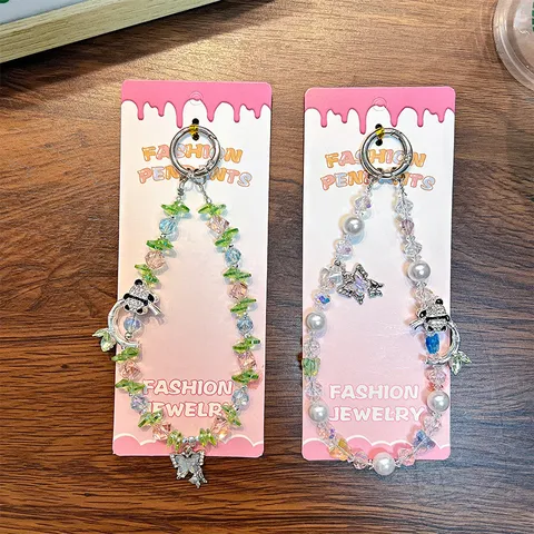 Lanière de Téléphone en Perles de Panda en Cristal Porte-clés Strass Bijoux Faits à la Main Pendentif de Sac pour Femmes Filles Cadeau