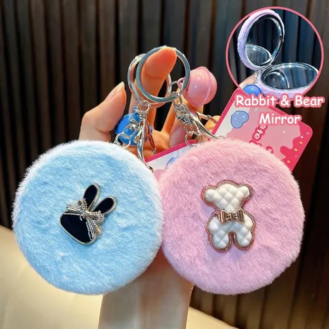 Süßer Plüsch Bär Hase Schminkspiegel Schlüsselanhänger Legierung Tragbarer Runder Handspiegel Tasche Anhänger Damen Geschenk