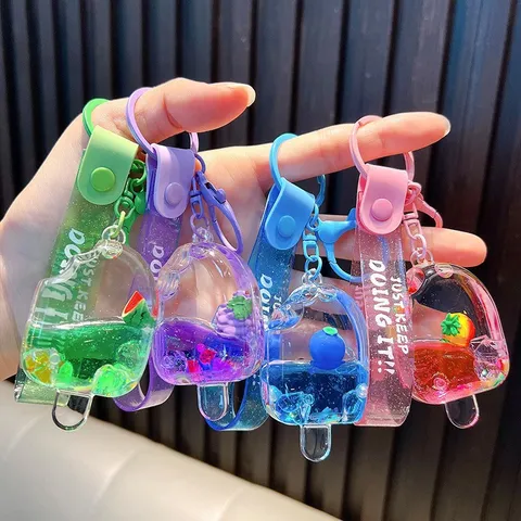 Liquid Quicksand Fruit Popsicle Keychain Acrylic Oil Filled Ice Cream Bottle Bag Pendant For Students Car Key Ring Gift
