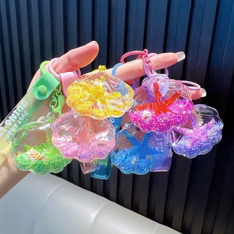 Ozean Meer Seestern Muschel Flüssiger Treibsand Schlüsselanhänger Süß Acryl Ölflasche Beweglicher Glitzer Tasche Anhänger Für Damen Kinder