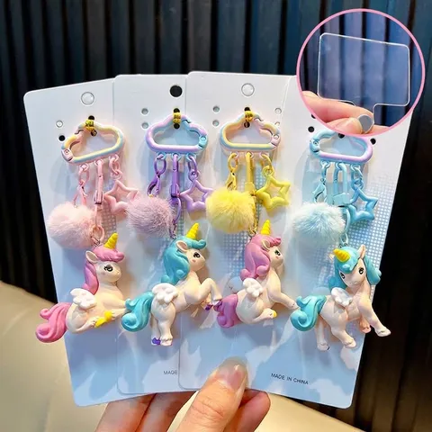 Lindo Llavero de Pompón de Unicornio de Dibujos Animados para Mujer Niña PVC Resina Pony Piel Artificial Llavero Cierre de Nube Decoración Regalo