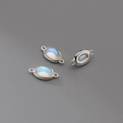 S925 Sterling Silver Synthetic Moonstone Oval Pendant DIY Jewelry Making Connector Findings For Bracelet Necklace
