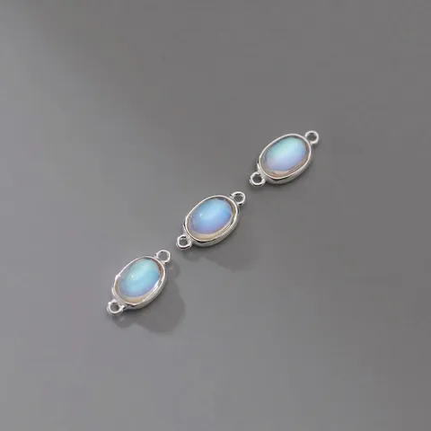 S925 Sterling Silver Synthetic Moonstone Oval Pendant DIY Jewelry Making Connector Findings For Bracelet Necklace