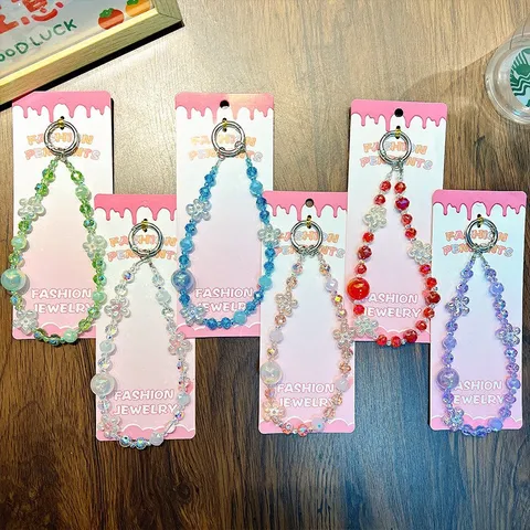 Cute Flower Beaded Acrylic Crystal Keychain Pendant Floral Phone Chain Bag Charm For Women Girls Cartoon Fashion Jewelry Gift
