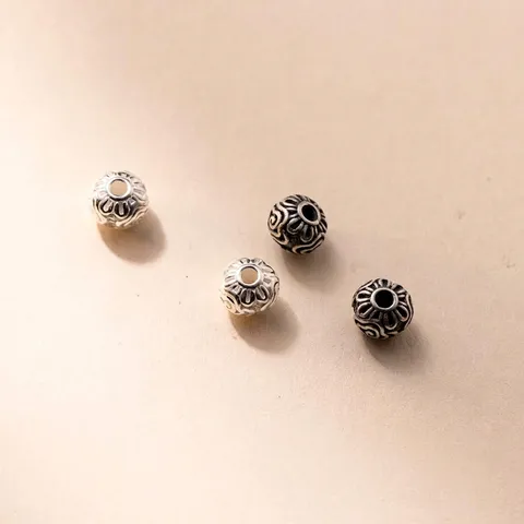 925 Sterling Silver Vintage Flower Pattern Round Beads Oxidized Spacer Beads For DIY Bracelet Jewelry Making Material Accessory