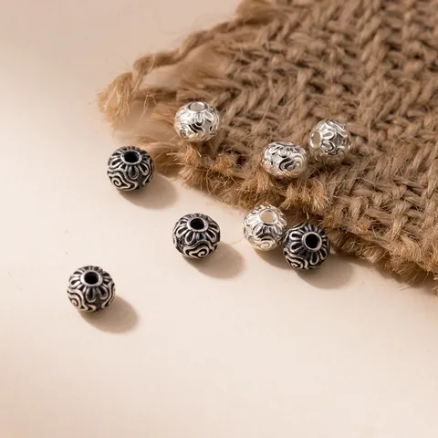 925 Sterling Silver Vintage Flower Pattern Round Beads Oxidized Spacer Beads For DIY Bracelet Jewelry Making Material Accessory