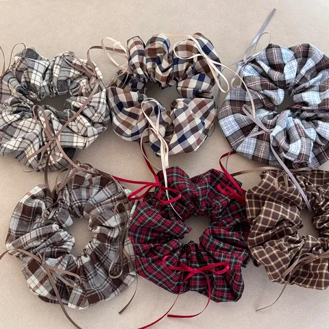 Vintage Preppy Plaid Hair Scrunchie With Long Bow Ribbon Fashion High Elastic Fabric Hair Tie For Women Girl Daily Headwear