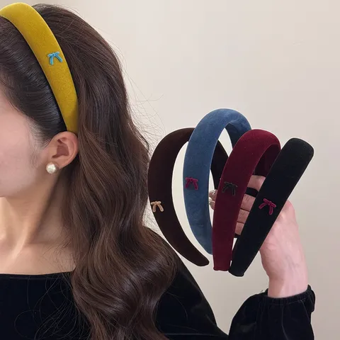 French Vintage Velvet Padded Headband For Women Korean Style Bow Embellished Sponge Headband Elegant Sweet Hair Accessories