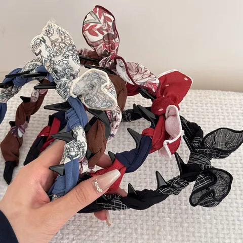 Sweet Rabbit Ear Bow Headband For Women Polka Dot Floral Plaid Fabric Hair Band High Top Non-slip Hair Accessories For Daily Party Decor