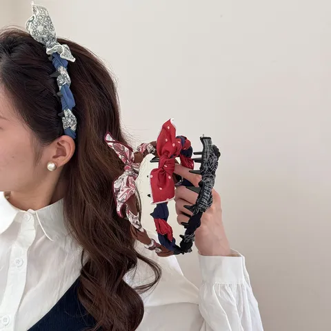 Sweet Rabbit Ear Bow Headband For Women Polka Dot Floral Plaid Fabric Hair Band High Top Non-slip Hair Accessories For Daily Party Decor