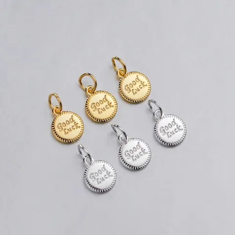 925 Sterling Silver Good Luck Pendant Only Without Chain Round Disc Letter Coin Charm Engraved DIY Jewelry Craft Component Maker Accessory