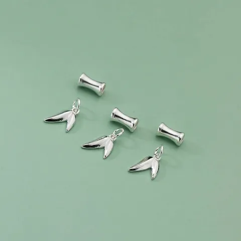 925 Sterling Silver Bamboo Joint Short Tube Double Leaves Pendant Charm For DIY Bracelet Necklace Jewelry Making Component