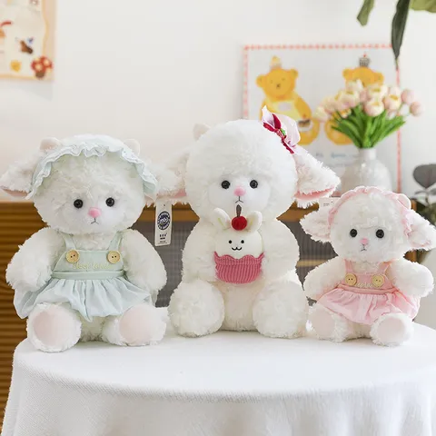 Cute White Lamb Plush Toy Soft Stuffed Sheep Doll With Dress Hat Cartoon Animal Plushie For Valentine Birthday Gift Kids Girls