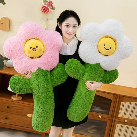 Cute Sunflower Bee Plush Pillow Large Soft Floral Stuffed Toy Bed Back Cushion Long Sleep Leg Pillow Home Decor Gift For Women Kids