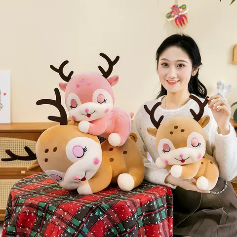 Simpatico Peluche a Forma di Renna Morbido Animale di Peluche Cuscino per Bambola di Cervo Addormentato Decorazione per la Casa Regalo di Compleanno di Natale per Bambini Fidanzata Donna