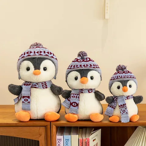 Cute Winter Penguin Plush Toy With Knit Hat And Scarf Soft Stuffed Animal Doll Birthday Gift Home Decor Plush Backpack