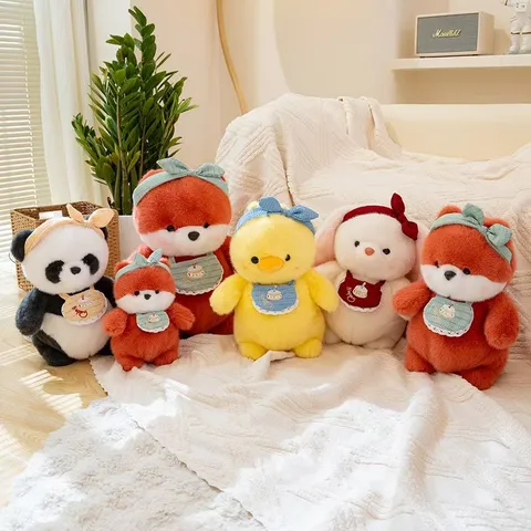 Cuddly Animal Plush Toy Soft Polyester Stuffed Panda Fox Duck Rabbit Doll With Bowtie And Bib For Kids Birthday Gift Home Decor