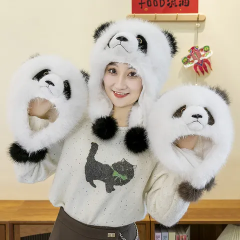 Cute Giant Panda Faux Mink Fleece Plush Hat Thickened Winter Warm Ear Protection Cap For Children Adults Outdoor Fashion Cap