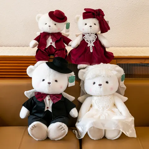 Cute Romantic Wedding Couple Angel Teddy Bear Plush Toy Stuffed Animal Dolls With Angel Wings Lace Bridal Dress Groom Tuxedo Soft Mascot Dolls For Wedding Chamber Bedside Home Decor Gifts