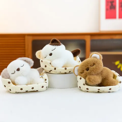 Cute Sleeping Animal Plush Toy Ornament With Dot Nest Soft Mink Velvet Stuffed Fox Rabbit Bear Cat Dog Pig Desktop Decor Birthday Gift