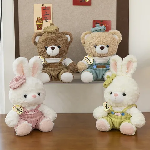 Cartoon Mocha Bear Plush Toy Cute Teddy Bear Wearing Corduroy Overalls Beret Rabbit Stuffed Animal Doll Birthday Gift For Kids