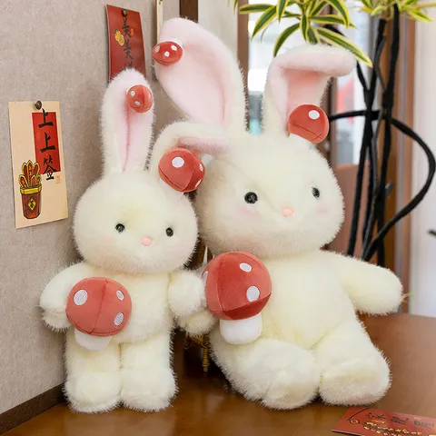Simpatico Peluche a Forma di Coniglio Fungo Bianco Crema Coniglietto Imbottito Morbido Giocattolo Stile Foresta per Regalo Compleanno Decorazione Casa