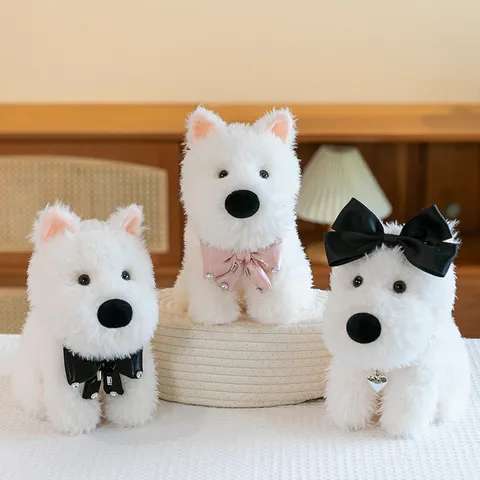 Giocattolo di Peluche a Pelo Lungo Cucciolo di Westie Soffice Cotone PP Cuscino per il Sonno Bambola Cane Con Zaino Frutta Fiocco Maglione