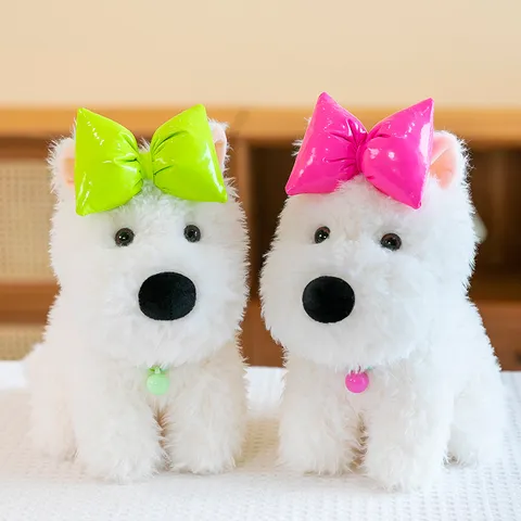 Giocattolo di Peluche a Pelo Lungo Cucciolo di Westie Soffice Cotone PP Cuscino per il Sonno Bambola Cane Con Zaino Frutta Fiocco Maglione