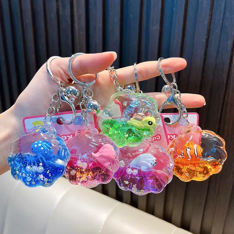 Porte-clés en Acrylique Bouteille Flottante Animal Marin Coquillage Rempli d'Huile Liquide Sable Mouvant Dauphin Tortue Porte-clés Pendentif Sac à Dos Cadeau
