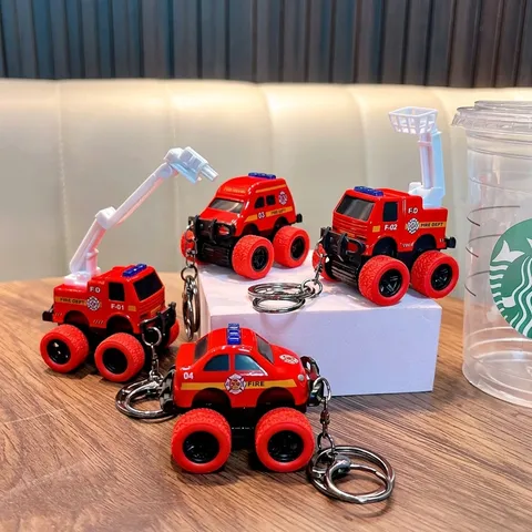Red Inertia Fire Truck Keychain Toy Model Pull Back Off-Road Vehicle For Kids Small Gift Bag Hanging Decorative Accessory