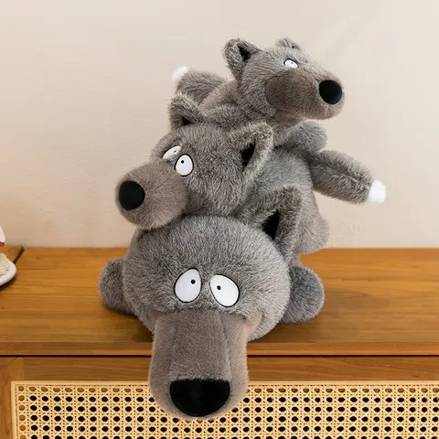 Divertente Lupo Grigio Peluche Sdraiato Morbido Poliestere Cuscino Lupo Cartone Animato Bambola Regalo Per Bambini Unisex Arredo Casa