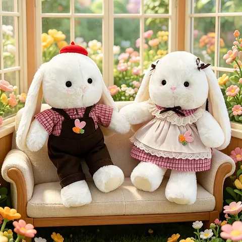 Long Ear Rabbit Plush Toy Cute Dressed Couple Honey Bunny Soft Stuffed Animal Soothing Toy Birthday Gift For Girls Kids