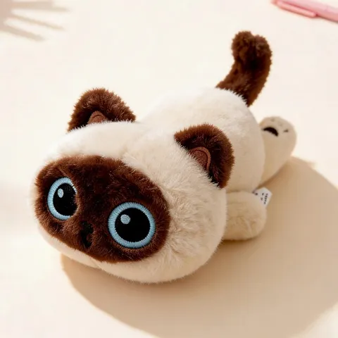 Jouet en Peluche Chat aux Grands Yeux Position Allongée Siamois Tricolore Chat Noir Animal en Peluche Poupée Cadeau Enfant