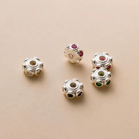 925 Sterling Silver Flat Round Spacer Beads For DIY Jewelry Making Colorful Rhinestone Inlaid Handmade Bracelet Necklace Charms Beads Accessories