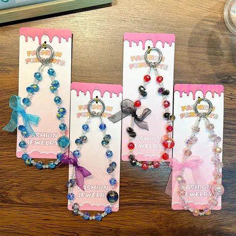 Handgefertigte Acryl Kristall Perlen Bogen Handy Kette Gurt Schlüsselanhänger Tasche Anhänger Für Frauen Schleife Schlüsselring Zubehör