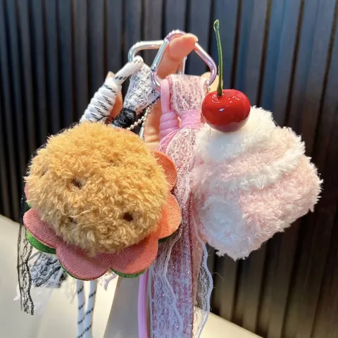 Cartoon Food Plush Keychain Hamburger Sandwich Cake Bag Pendant For Women Girls Cute Dessert Plush Charm Car Key Ring Gift
