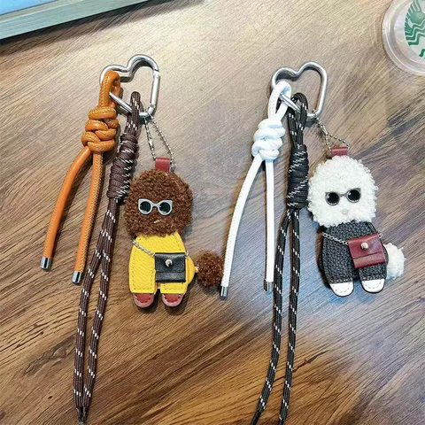 Lockiges Plüsch PU Leder Teddy Hund Schlüsselanhänger Mode Taschenanhänger Herzschnalle Auto Schlüsselring Winter Geschenk