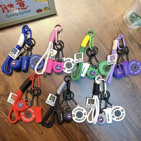 Fitness Theme Keychain Set Mini Kettlebell Barbell Plate Shaker Bottle Bag Charm Sport Gift Woven Rope Gym Key Ring
