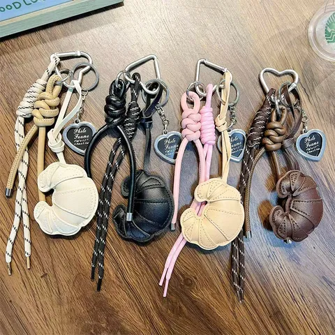 Cartoon Croissant Leather Keychain Padded Bread Bag Charm Heart Photo Frame Pendant Woven Rope Car Key Ring Fashion Jewelry Gift