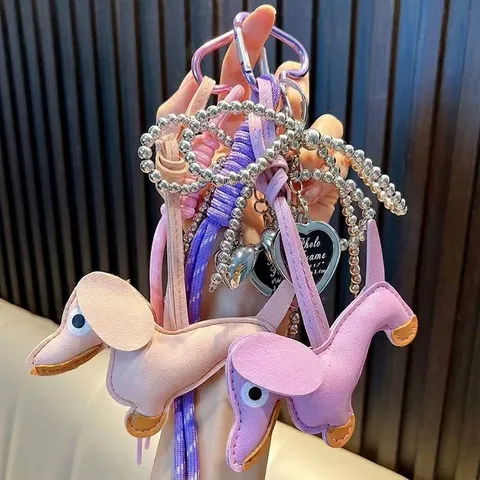 Handmade Leather Dachshund Dog Keychain Heart Photo Frame Bag Charm Sausage Dog Pendant Cartoon Animal Key Ring Gift For Women