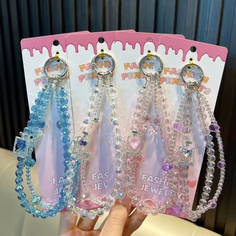 Crystal Beaded Phone Chain With Perfume Bottle Pendant Heart Double Chain Keychain Bag Charm Gift For Women Girl
