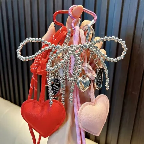 Sweet PU Leather Heart Keychain Bowknot Silver Bead Bag Pendant Mini Photo Frame Charms Keyring Gift For Women Girls