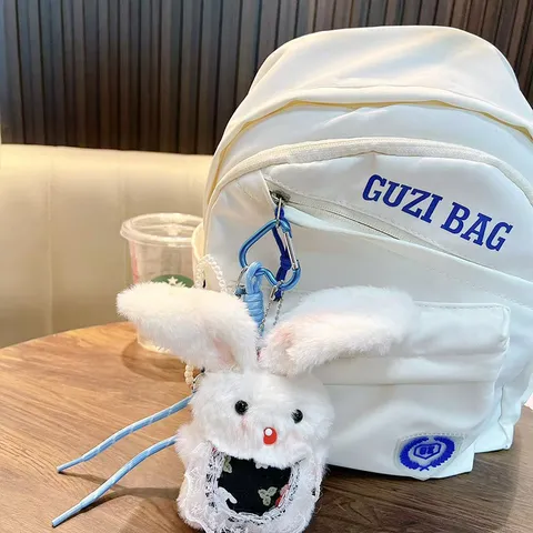 Cute Plush Rabbit Keychain Squishy Vocal Long Ear Bunny Pendant With Artificial Pearl Bowknot Heart Charm For Backpack Handbag Decor Toy Gift