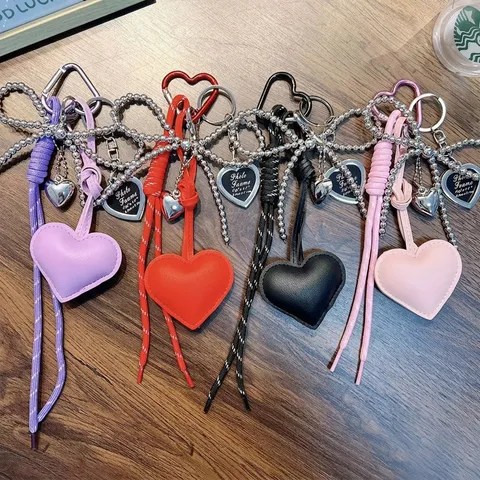 Sweet PU Leather Heart Keychain Bowknot Silver Bead Bag Pendant Mini Photo Frame Charms Keyring Gift For Women Girls