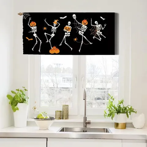 Cantonnière de Cuisine Halloween Citrouille Fantôme Gothique Crâne Floral Noir Rideau de Café Court pour Décoration Maison