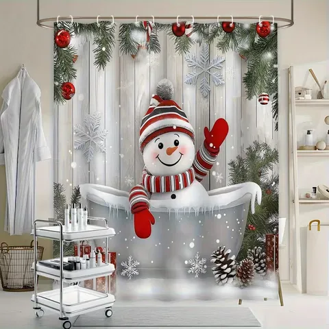Weihnachten Duschvorhang Weihnachtsmann Schneeszene Kiefer Druck Wasserdicht Polyester Badezimmer Dekor Vorhang Festlicher Stil