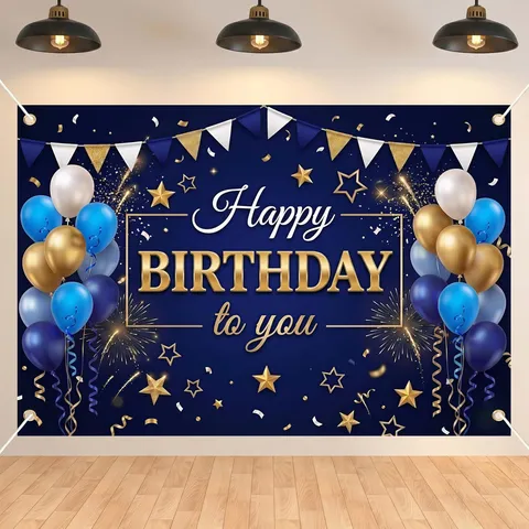 Happy Birthday Party Backdrop Banner Gold Blue Sequin Balloons Printed Photo Background Fabric Interior Decoration Polyester Wall Hanging
