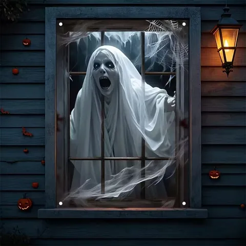 Halloween Finestra Banner Arazzo Orrore Spaventoso Fantasma Scheletro Impronte di Sangue Esterno Interno Festa Casa Infestata Decorazione Poster Poliestere Sfondo