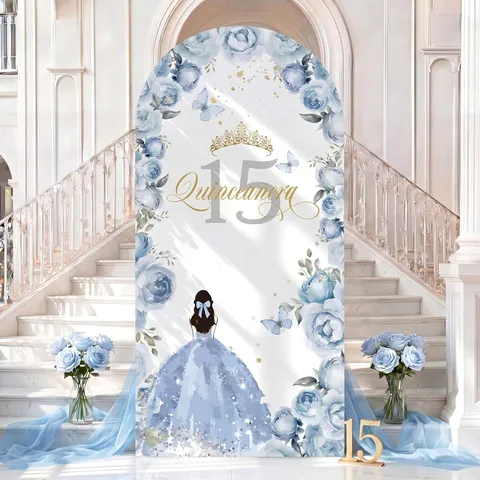 Quinceanera 15. Geburtstag Party Bogen Hintergrund Abdeckung Mädchen Prinzessin Blaue Rose Krone Schmetterling Bogen Ständer Stoff Requisiten